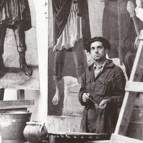 Giovanni Barbisan mentre esegue l'affresco I nostri migliori amici sono i rurali, alla XX Biennale di Venezia, 1936