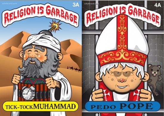 Pubblicità ditta Eshe "Religion is garbage" - "La religione è spazzatura"